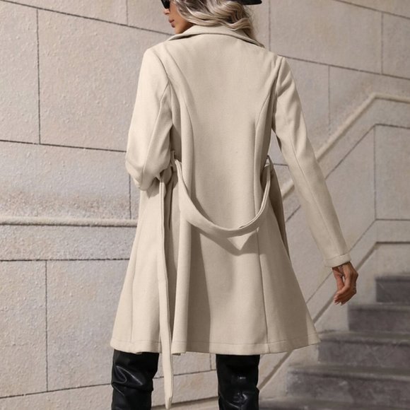 Beige Preppy Womens Lapel Neck Double Breasted Belted Overcoat - Picture 6 of 7
